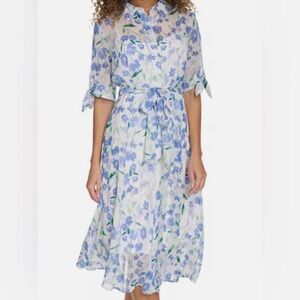 Calvin Klein Blue and Purple Smocked Midi Dress